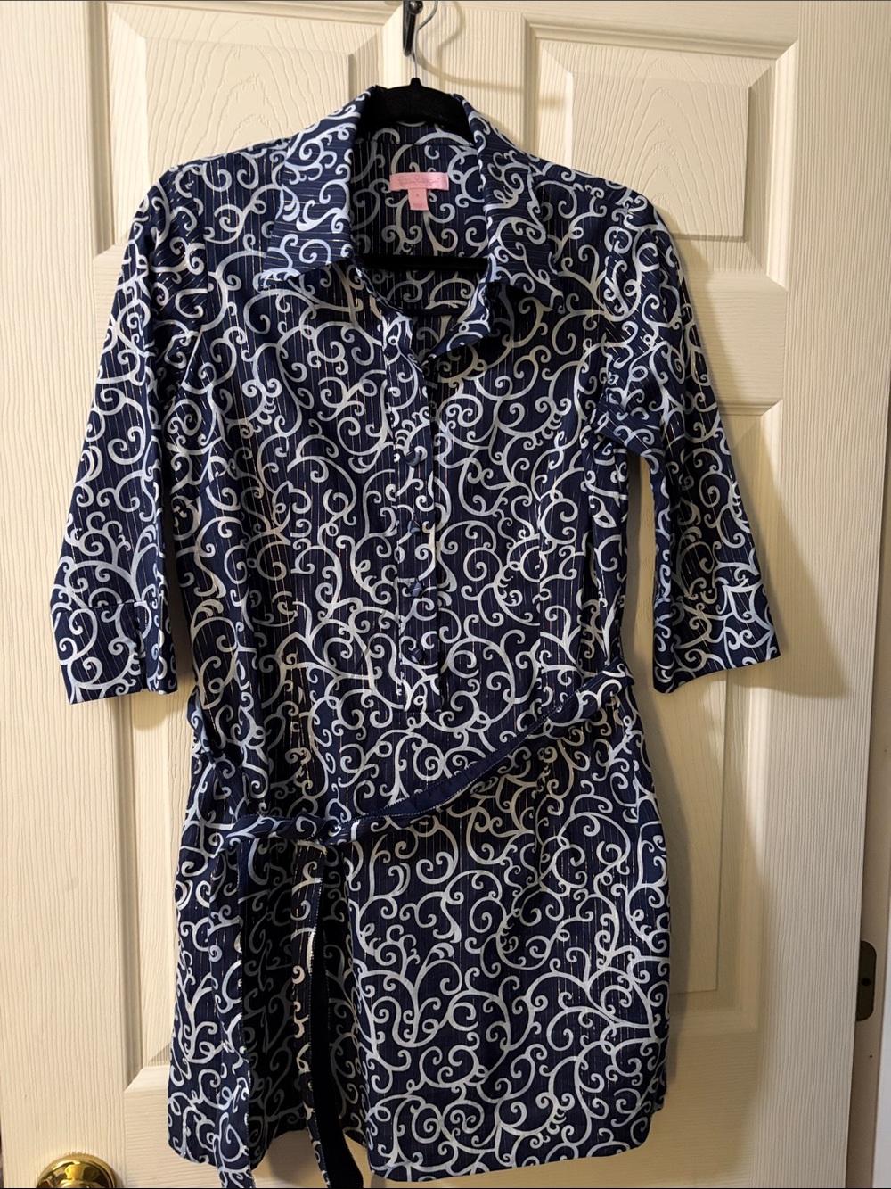Lilly Pulitzer Navy and White Scroll-Print Shirt Dress